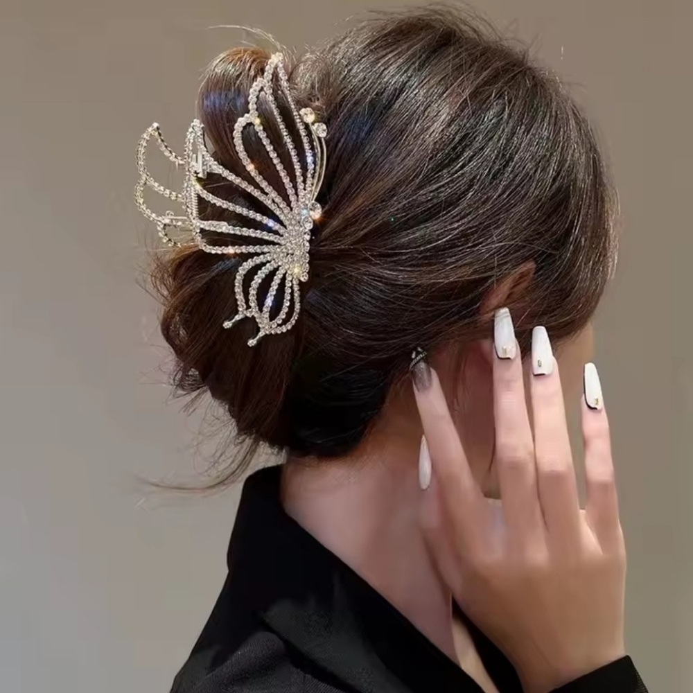 Brand New Gold Tone Butterfly Rhinestone Hair Claw Clip